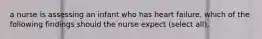 a nurse is assessing an infant who has heart failure. which of the following findings should the nurse expect (select all).