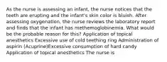 As the nurse is assessing an infant, the nurse notices that the teeth are erupting and the infant's skin color is bluish. After assessing oxygenation, the nurse reviews the laboratory report and finds that the infant has methemoglobinemia. What would be the probable reason for this? Application of topical anesthetics Excessive use of cold teething ring Administration of aspirin (Acuprine)Excessive consumption of hard candy Application of topical anesthetics The nurse is