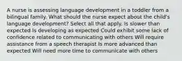 A nurse is assessing language development in a toddler from a bilingual family. What should the nurse expect about the child's language development? Select all that apply. Is slower than expected Is developing as expected Could exhibit some lack of confidence related to communicating with others Will require assistance from a speech therapist Is more advanced than expected Will need more time to communicate with others