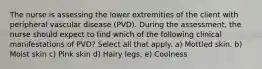 The nurse is assessing the lower extremities of the client with peripheral vascular disease (PVD). During the assessment, the nurse should expect to find which of the following clinical manifestations of PVD? Select all that apply. a) Mottled skin. b) Moist skin c) Pink skin d) Hairy legs. e) Coolness