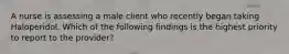 A nurse is assessing a male client who recently began taking Haloperidol. Which of the following findings is the highest priority to report to the provider?