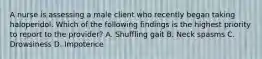 A nurse is assessing a male client who recently began taking haloperidol. Which of the following findings is the highest priority to report to the provider? A. Shuffling gait B. Neck spasms C. Drowsiness D. Impotence