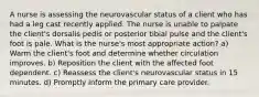 A nurse is assessing the neurovascular status of a client who has had a leg cast recently applied. The nurse is unable to palpate the client's dorsalis pedis or posterior tibial pulse and the client's foot is pale. What is the nurse's most appropriate action? a) Warm the client's foot and determine whether circulation improves. b) Reposition the client with the affected foot dependent. c) Reassess the client's neurovascular status in 15 minutes. d) Promptly inform the primary care provider.