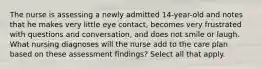 The nurse is assessing a newly admitted 14-year-old and notes that he makes very little eye contact, becomes very frustrated with questions and conversation, and does not smile or laugh. What nursing diagnoses will the nurse add to the care plan based on these assessment findings? Select all that apply.