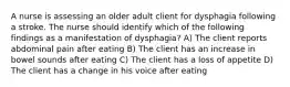 A nurse is assessing an older adult client for dysphagia following a stroke. The nurse should identify which of the following findings as a manifestation of dysphagia? A) The client reports abdominal pain after eating B) The client has an increase in bowel sounds after eating C) The client has a loss of appetite D) The client has a change in his voice after eating