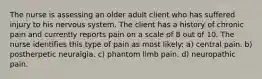 The nurse is assessing an older adult client who has suffered injury to his nervous system. The client has a history of chronic pain and currently reports pain on a scale of 8 out of 10. The nurse identifies this type of pain as most likely: a) central pain. b) postherpetic neuralgia. c) phantom limb pain. d) neuropathic pain.