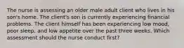 The nurse is assessing an older male adult client who lives in his son's home. The client's son is currently experiencing financial problems. The client himself has been experiencing low mood, poor sleep, and low appetite over the past three weeks. Which assessment should the nurse conduct first?