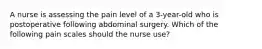 A nurse is assessing the pain level of a 3-year-old who is postoperative following abdominal surgery. Which of the following pain scales should the nurse use?