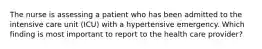 The nurse is assessing a patient who has been admitted to the intensive care unit (ICU) with a hypertensive emergency. Which finding is most important to report to the health care provider?