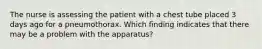 The nurse is assessing the patient with a chest tube placed 3 days ago for a pneumothorax. Which finding indicates that there may be a problem with the apparatus?