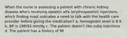 When the nurse is assessing a patient with chronic kidney disease who's receiving epoetin alfa (erythropoietin) injections, which finding most indicates a need to talk with the health care provider before giving the medication? a. hemoglobin level is 8.9 b. BP is 198/92 mmHg c. The patient doesn't like subq injections d. The patient has a history of MI