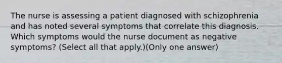 The nurse is assessing a patient diagnosed with schizophrenia and has noted several symptoms that correlate this diagnosis. Which symptoms would the nurse document as negative symptoms? (Select all that apply.)(Only one answer)