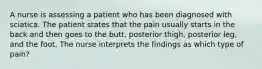 A nurse is assessing a patient who has been diagnosed with sciatica. The patient states that the pain usually starts in the back and then goes to the butt, posterior thigh, posterior leg, and the foot. The nurse interprets the findings as which type of pain?