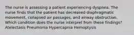 The nurse is assessing a patient experiencing dyspnea. The nurse finds that the patient has decreased diaphragmatic movement, collapsed air passages, and airway obstruction. Which condition does the nurse interpret from these findings? Atelectasis Pneumonia Hypercapnia Hemoptysis