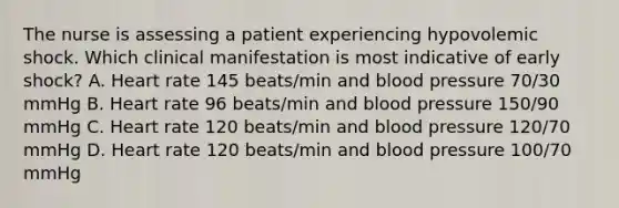 The nurse is assessing a patient experiencing hypovolemic shock. Which clinical manifestation is most indicative of early shock? A. Heart rate 145 beats/min and blood pressure 70/30 mmHg B. Heart rate 96 beats/min and blood pressure 150/90 mmHg C. Heart rate 120 beats/min and blood pressure 120/70 mmHg D. Heart rate 120 beats/min and blood pressure 100/70 mmHg