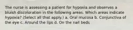 The nurse is assessing a patient for hypoxia and observes a bluish discoloration in the following areas. Which areas indicate hypoxia? (Select all that apply.) a. Oral mucosa b. Conjunctiva of the eye c. Around the lips d. On the nail beds