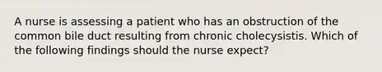 A nurse is assessing a patient who has an obstruction of the common bile duct resulting from chronic cholecysistis. Which of the following findings should the nurse expect?