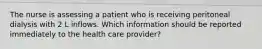 The nurse is assessing a patient who is receiving peritoneal dialysis with 2 L inflows. Which information should be reported immediately to the health care provider?