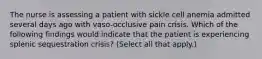 The nurse is assessing a patient with sickle cell anemia admitted several days ago with vaso-occlusive pain crisis. Which of the following findings would indicate that the patient is experiencing splenic sequestration crisis? (Select all that apply.)