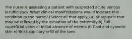 The nurse is assessing a patient with suspected acute venous insufficiency. What clinical manifestations would indicate this condition to the nurse? (Select all that apply.) a) Sharp pain that may be relieved by the elevation of the extremity b) Full superficial veins c) Initial absence of edema d) Cool and cyanotic skin e) Brisk capillary refill of the toes