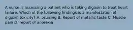 A nurse is assessing a patient who is taking digoxin to treat heart failure. Which of the following findings is a manifestation of digoxin toxicity? A. bruising B. Report of metallic taste C. Muscle pain D. report of anorexia