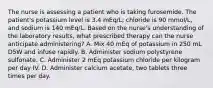 The nurse is assessing a patient who is taking furosemide. The patient's potassium level is 3.4 mEq/L; chloride is 90 mmol/L, and sodium is 140 mEq/L. Based on the nurse's understanding of the laboratory results, what prescribed therapy can the nurse anticipate administering? A. Mix 40 mEq of potassium in 250 mL D5W and infuse rapidly. B. Administer sodium polystyrene sulfonate. C. Administer 2 mEq potassium chloride per kilogram per day IV. D. Administer calcium acetate, two tablets three times per day.