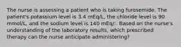 The nurse is assessing a patient who is taking furosemide. The patient's potassium level is 3.4 mEq/L, the chloride level is 90 mmol/L, and the sodium level is 140 mEq/:. Based on the nurse's understanding of the laboratory results, which prescribed therapy can the nurse anticipate administering?