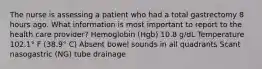 The nurse is assessing a patient who had a total gastrectomy 8 hours ago. What information is most important to report to the health care provider? Hemoglobin (Hgb) 10.8 g/dL Temperature 102.1° F (38.9° C) Absent bowel sounds in all quadrants Scant nasogastric (NG) tube drainage