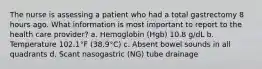 The nurse is assessing a patient who had a total gastrectomy 8 hours ago. What information is most important to report to the health care provider? a. Hemoglobin (Hgb) 10.8 g/dL b. Temperature 102.1°F (38.9°C) c. Absent bowel sounds in all quadrants d. Scant nasogastric (NG) tube drainage