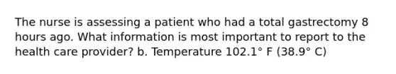 The nurse is assessing a patient who had a total gastrectomy 8 hours ago. What information is most important to report to the health care provider? b. Temperature 102.1° F (38.9° C)