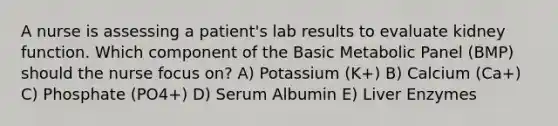 A nurse is assessing a patient's lab results to evaluate kidney function. Which component of the Basic Metabolic Panel (BMP) should the nurse focus on? A) Potassium (K+) B) Calcium (Ca+) C) Phosphate (PO4+) D) Serum Albumin E) Liver Enzymes