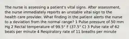 The nurse is assessing a patient's vital signs. After assessment, the nurse immediately reports an unstable vital sign to the health care provider. What finding in the patient alerts the nurse to a deviation from the normal range? 1 Pulse pressure of 50 mm Hg 2 Rectal temperature of 99.5° F (37.5° C) 3 Pulse rate of 62 beats per minute 4 Respiratory rate of 11 breaths per minute