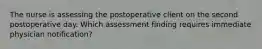 The nurse is assessing the postoperative client on the second postoperative day. Which assessment finding requires immediate physician notification?