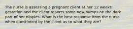 The nurse is assessing a pregnant client at her 12 weeks' gestation and the client reports some new bumps on the dark part of her nipples. What is the best response from the nurse when questioned by the client as to what they are?