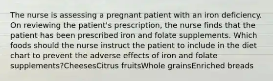 The nurse is assessing a pregnant patient with an iron deficiency. On reviewing the patient's prescription, the nurse finds that the patient has been prescribed iron and folate supplements. Which foods should the nurse instruct the patient to include in the diet chart to prevent the adverse effects of iron and folate supplements?CheesesCitrus fruitsWhole grainsEnriched breads