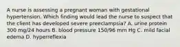 A nurse is assessing a pregnant woman with gestational hypertension. Which finding would lead the nurse to suspect that the client has developed severe preeclampsia? A. urine protein 300 mg/24 hours B. blood pressure 150/96 mm Hg C. mild facial edema D. hyperreflexia