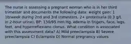 The nurse is assessing a pregnant woman who is in her third trimester and documents the following data: weight gain: 1 1b/week during 2nd and 3rd trimesters, 2+ proteinuria (0.3 g/L in 2-hour urine), BP: 150/95 mm Hg, edema in fingers, face, legs, feet, and hyperreflexiano clonus. What condition is associated with this assessment data? A) Mild preeclampsia B) Severe preeclampsia C) Eclampsia D) Normal pregnancy values