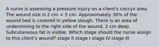 A nurse is assessing a pressure injury on a client's coccyx area. The wound size is 2 cm × 5 cm. Approximately 30% of the wound bed is covered in yellow slough. There is an area of undermining to the right side of the wound, 2 cm deep. Subcutaneous fat is visible. Which stage should the nurse assign to this client's wound? stage II stage I stage IV stage III