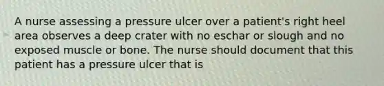 A nurse assessing a pressure ulcer over a patient's right heel area observes a deep crater with no eschar or slough and no exposed muscle or bone. The nurse should document that this patient has a pressure ulcer that is