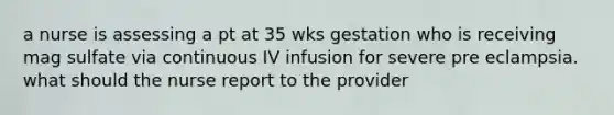 a nurse is assessing a pt at 35 wks gestation who is receiving mag sulfate via continuous IV infusion for severe pre eclampsia. what should the nurse report to the provider