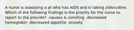 A nurse is assessing a pt who has AIDS and is taking zidovudine. Which of the following findings is the priority for the nurse to report to the provide? -nausea & vomiting -decreased hemoglobin -decreased appetite -anxiety