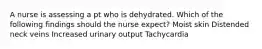 A nurse is assessing a pt who is dehydrated. Which of the following findings should the nurse expect? Moist skin Distended neck veins Increased urinary output Tachycardia