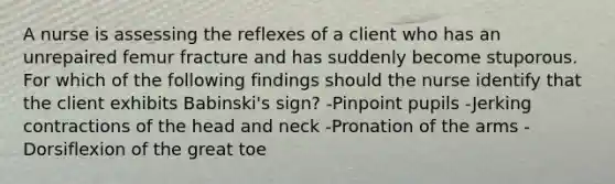 A nurse is assessing the reflexes of a client who has an unrepaired femur fracture and has suddenly become stuporous. For which of the following findings should the nurse identify that the client exhibits Babinski's sign? -Pinpoint pupils -Jerking contractions of the head and neck -Pronation of the arms -Dorsiflexion of the great toe