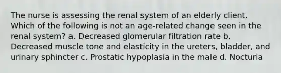 The nurse is assessing the renal system of an elderly client. Which of the following is not an age-related change seen in the renal system? a. Decreased glomerular filtration rate b. Decreased muscle tone and elasticity in the ureters, bladder, and urinary sphincter c. Prostatic hypoplasia in the male d. Nocturia