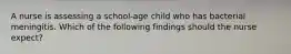 A nurse is assessing a school-age child who has bacterial meningitis. Which of the following findings should the nurse expect?