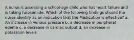 A nurse is assessing a school-age child who has heart failure and is taking furosemide. Which of the following findings should the nurse identify as an indication that the Medication is effective? a. An increase in venous pressure b. a decrease in peripheral edema c. a decrease in cardiac output d. an increase in potassium levels