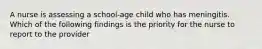 A nurse is assessing a school-age child who has meningitis. Which of the following findings is the priority for the nurse to report to the provider