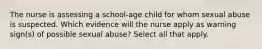 The nurse is assessing a school-age child for whom sexual abuse is suspected. Which evidence will the nurse apply as warning sign(s) of possible sexual abuse? Select all that apply.