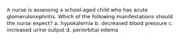 A nurse is assessing a school-aged child who has acute glomerulonephritis. Which of the following manifestations should the nurse expect? a. hypokalemia b. decreased blood pressure c. increased urine output d. periorbital edema