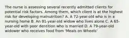 The nurse is assessing several recently admitted clients for potential risk factors. Among them, which client is at the highest risk for developing malnutrition? A. A 72-year-old who is in a nursing home B. An 81-year-old widow who lives alone C. A 65-year-old with poor dentition who is married D. A 79-year-old widower who receives food from 'Meals on Wheels'